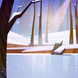 Sun rays beam on a frozen pond in the woods. The ground is covered in snow.