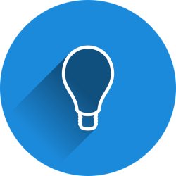 white outline of a lightbulb with a shadow on a blue circle background