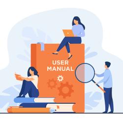 A visual graphic depicting three people sitting around a large book that reads User Manual