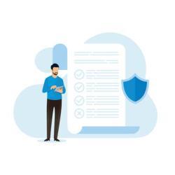 drawing of a document with a security shield overtop and a man standing holding a checklist