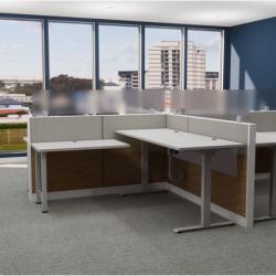 An office with a desk and a full width window.