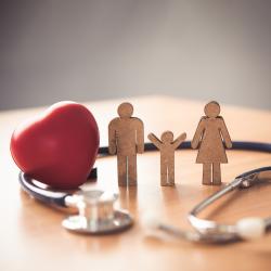 Wooden blocks of a family are encircled by a heart shaped object and a stethoscope.