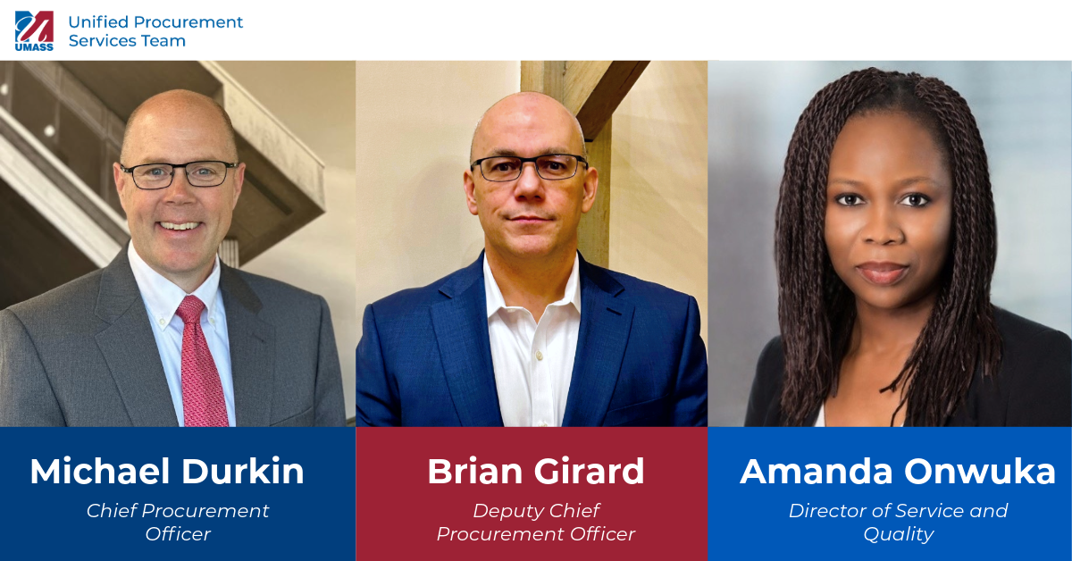 Headshots of three people, Michael Durkin Chief Procurement Officer, Brian Girard Deputy Chief Procurement Officer, and Amanda Onwuka Director of Service and Quality